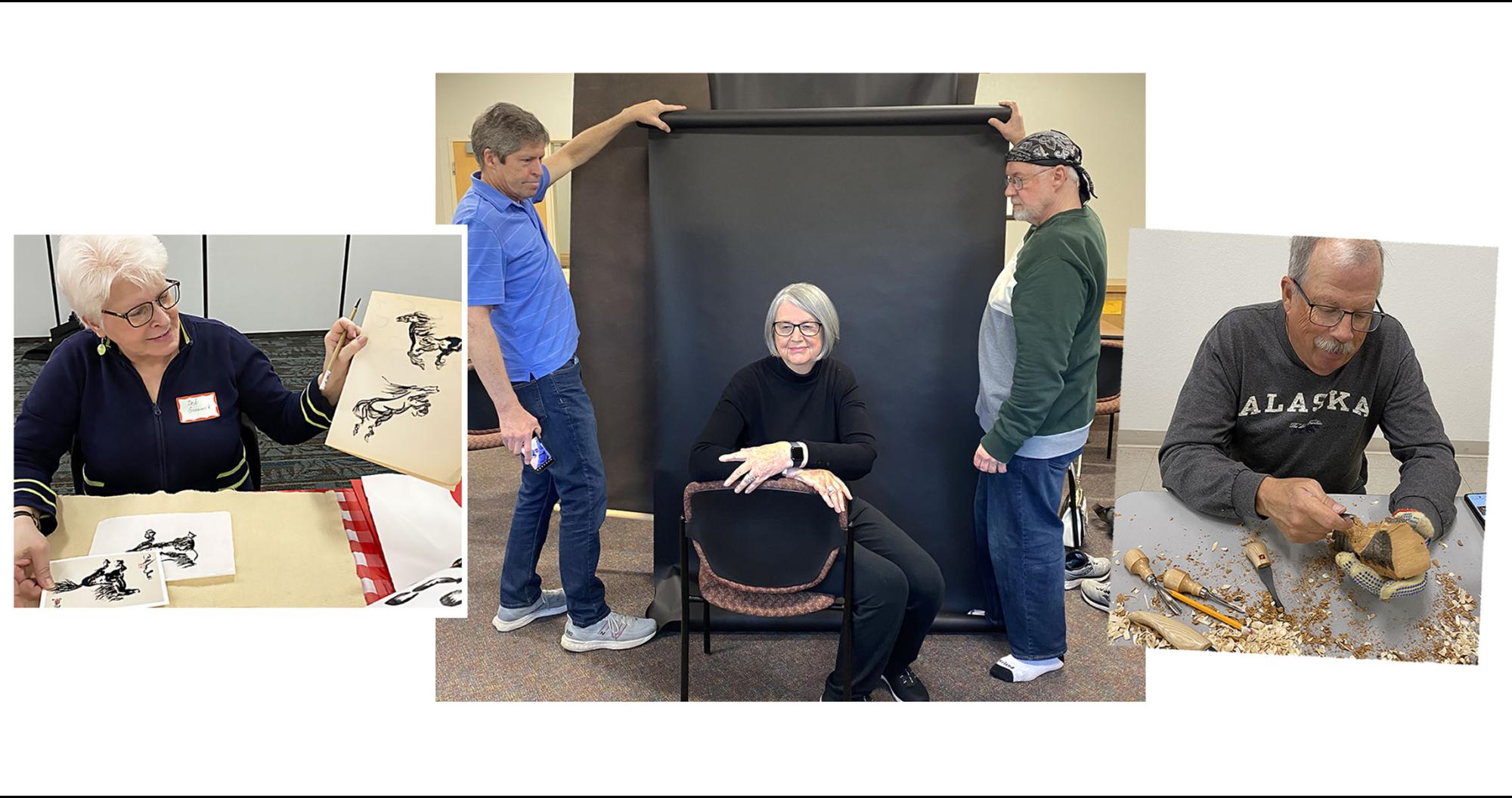 Collage of art classes, painting, photography, carving